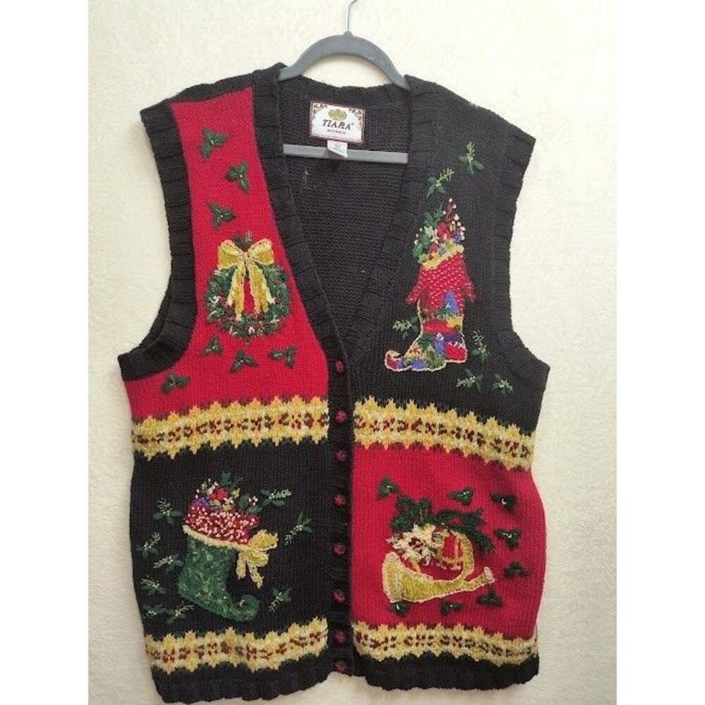 Vintage TIARA Beaded Christmas Stocking Horn Wreath Knit Sz. 22/24  Sweater Vest